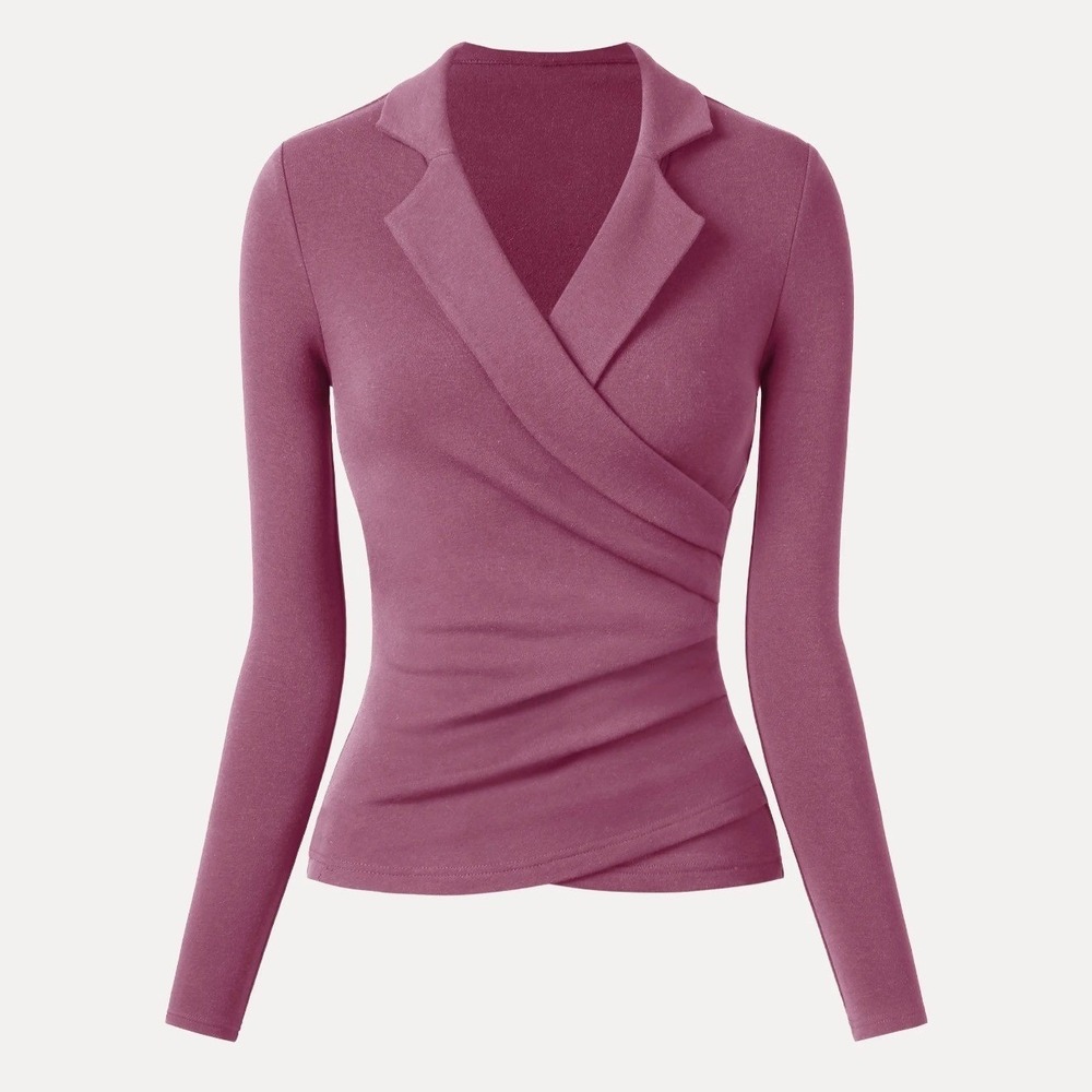 OGL ProWarm Collared Surplice Top Rose Pink Long Sleeve Wrap Blouse Medium NEW